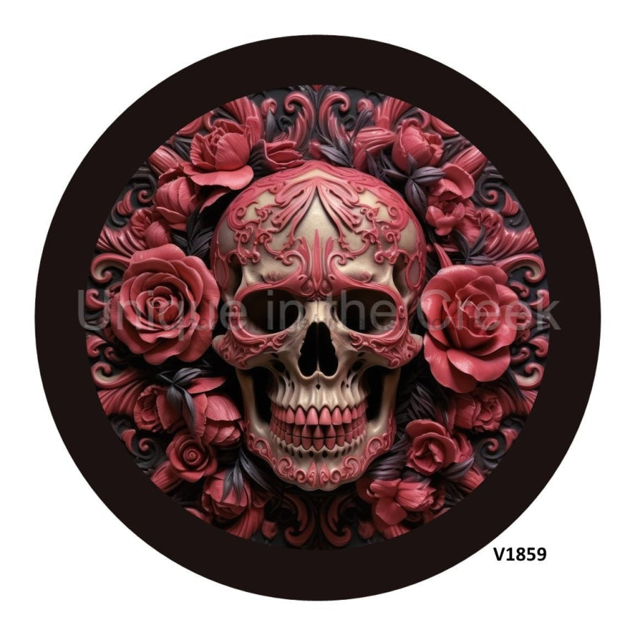 SKULL WOOOD CARVING ROSES HALLOWEEN 10.5" Vinyl Wreath Sign - UTIC-VINYL-V1859