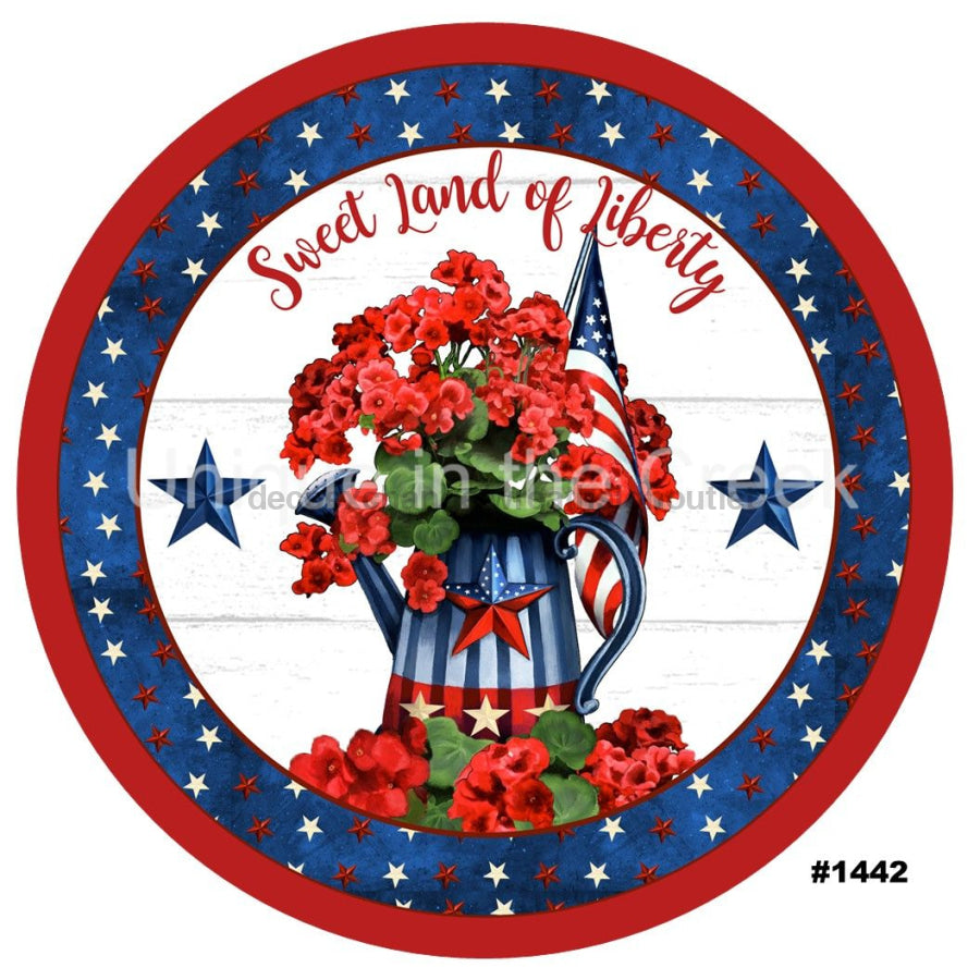 SWEET LAND OF LIBERTY RED/WHITE/BLUE SUNFLOWER PATRIOTIC USA SUMMER 10.5" Vinyl Wreath Sign - UTIC-VINYL-V1442