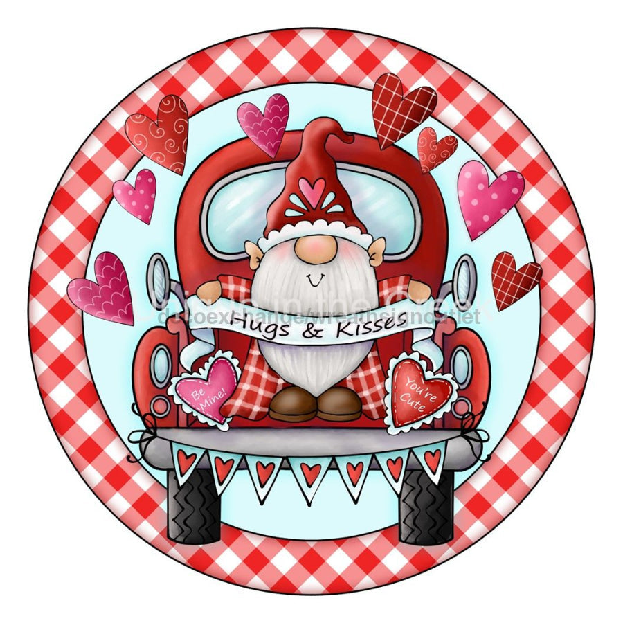 VALENTINE HUGS KISSES GNOME HEARTS VALENTINE'S DAY 10.5" Vinyl Wreath Sign - UTIC-VINYL-V1382