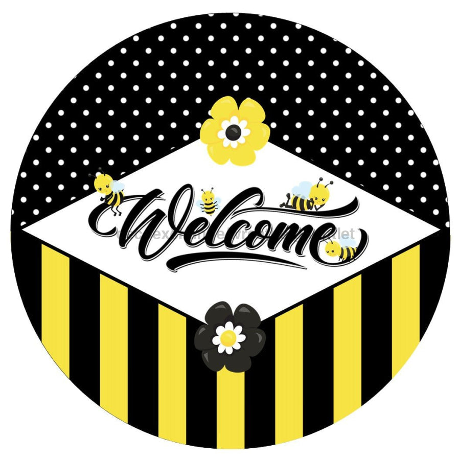 WELCOME BEES BLACK YELLOW STRIPES SPRING SUMMER 10.5" Vinyl Wreath Sign - UTIC-VINYL-V1161