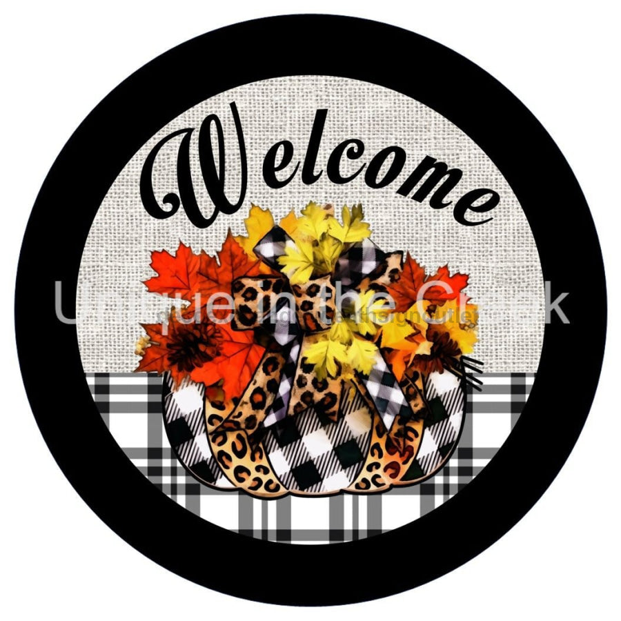 WELCOME CHECK LEOPARD FOLIAGE AUTUMN FALL 10.5" Vinyl Wreath Sign - UTIC-VINYL-V1261