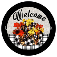 Thumbnail for WELCOME CHECK LEOPARD FOLIAGE AUTUMN FALL 10.5" Vinyl Wreath Sign - UTIC-VINYL-V1261