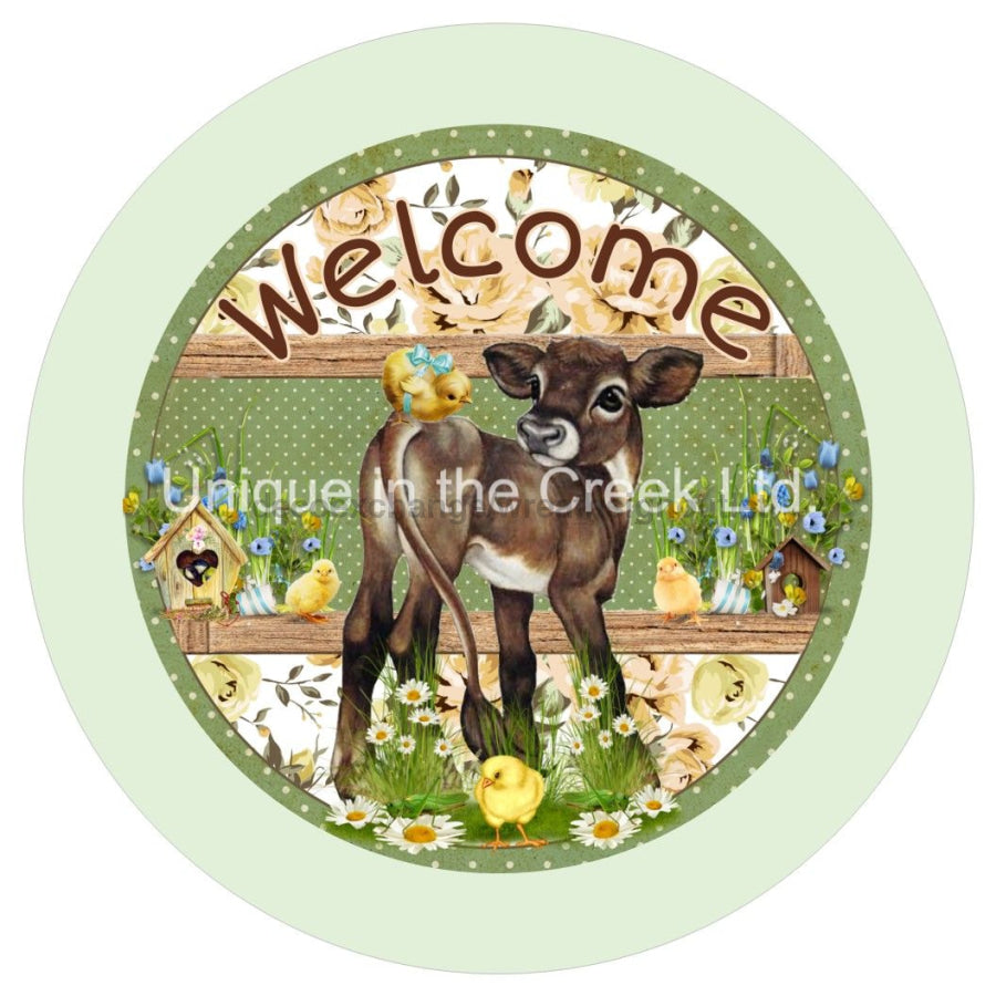 WELCOME COW FARMHOUSE SPRING CALF 10.5" Vinyl Wreath Sign - UTIC-VINYL-V1127