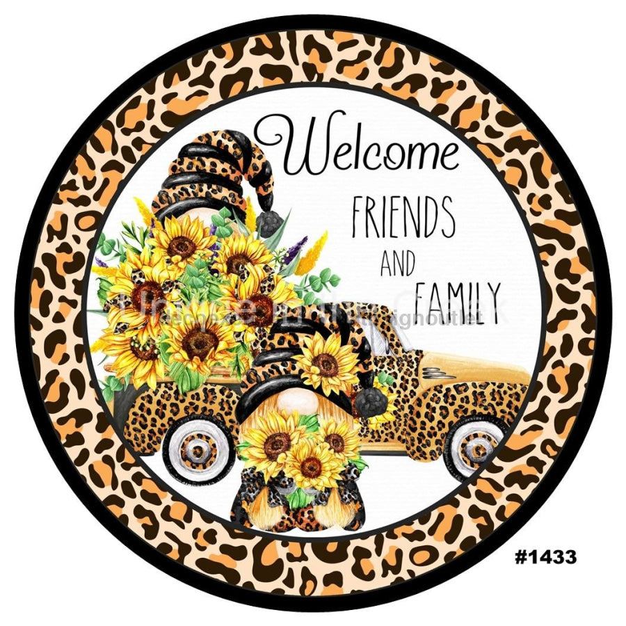 WELCOME FRIENDS AND FAMILY GNOMES CHEETAH SUMMER SUNFLOWER 10.5" Vinyl Wreath Sign - UTIC-VINYL-V1433