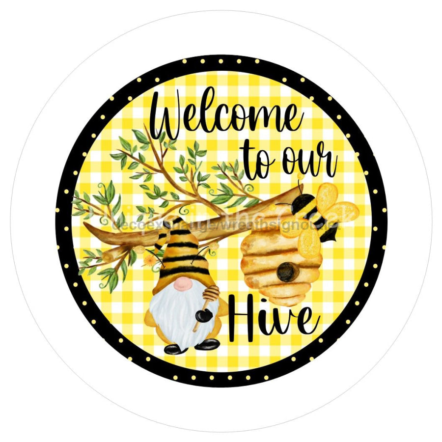 WELCOME GNOME BEES YELLOW GINGHAM CHECK EVERYDAY 10.5" Vinyl Wreath Sign - UTIC-VINYL-V1078