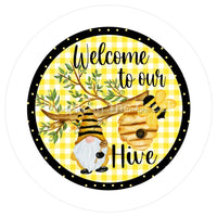 Thumbnail for WELCOME GNOME BEES YELLOW GINGHAM CHECK EVERYDAY 10.5" Vinyl Wreath Sign - UTIC-VINYL-V1078