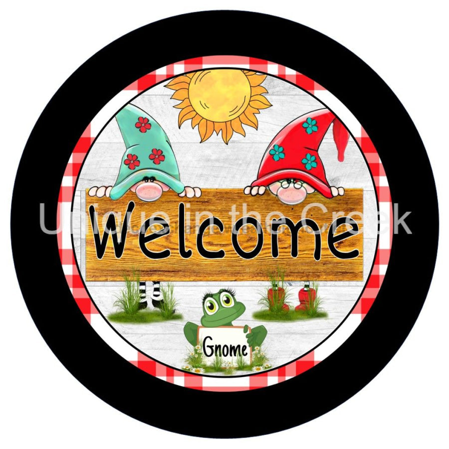 WELCOME GNOME FROG CHECK EVERYDAY 10.5" Vinyl Wreath Sign - UTIC-VINYL-V1262