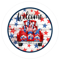 Thumbnail for WELCOME GNOME RED WHITE BLUE PATRIOTIC RED TRUCK SUMMER 10.5" Vinyl Wreath Sign - UTIC-VINYL-V1077