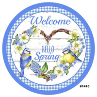 Thumbnail for WELCOME HELLO SPRING BIRDS BLUE 10.5" Vinyl Wreath Sign - UTIC-VINYL-V1416