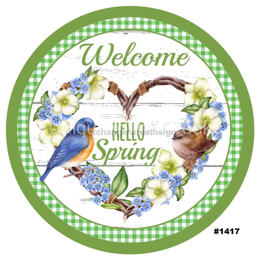 WELCOME HELLO SPRING BIRDS GREEN SUMMER 10.5" Vinyl Wreath Sign - UTIC-VINYL-V1417