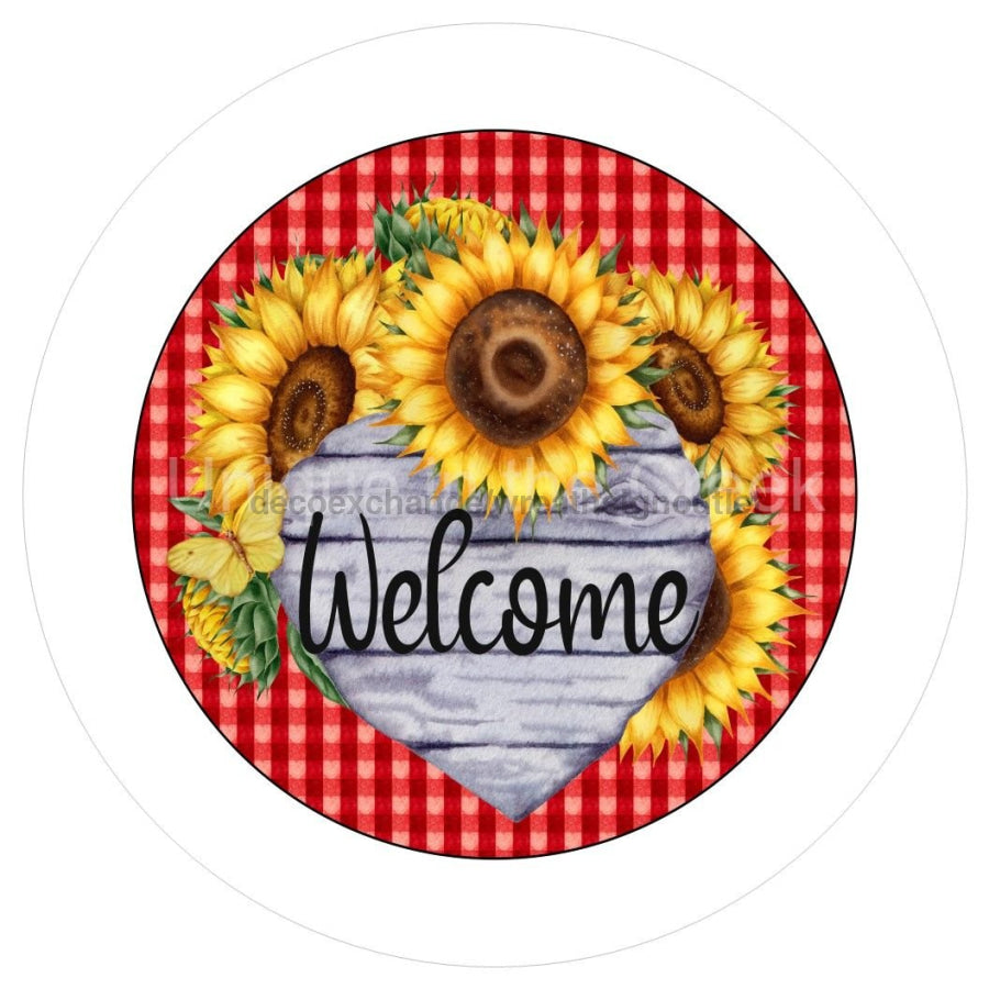 WELCOME SUNFLOWERS SPRING SUMMER GINGHAM 10.5" Vinyl Wreath Sign - UTIC-VINYL-V1196