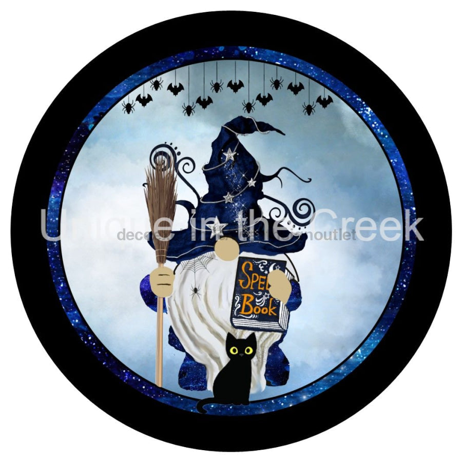 WIZARD GNOME BLACK CAT SPELL BOOK AUTUMN FALL HALLOWEEN 10.5" Vinyl Wreath Sign - UTIC-VINYL-V1231