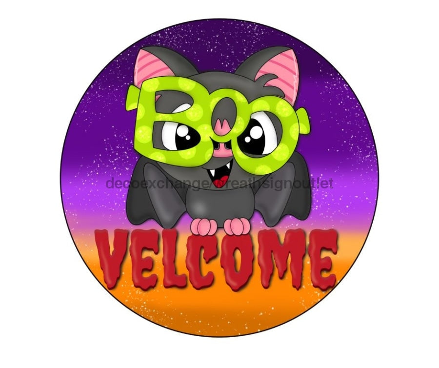 Welcome Sign, Bat Sign, Wreath Sign, Halloween Sign, CR-079,  metal sign, 10 round, halloween