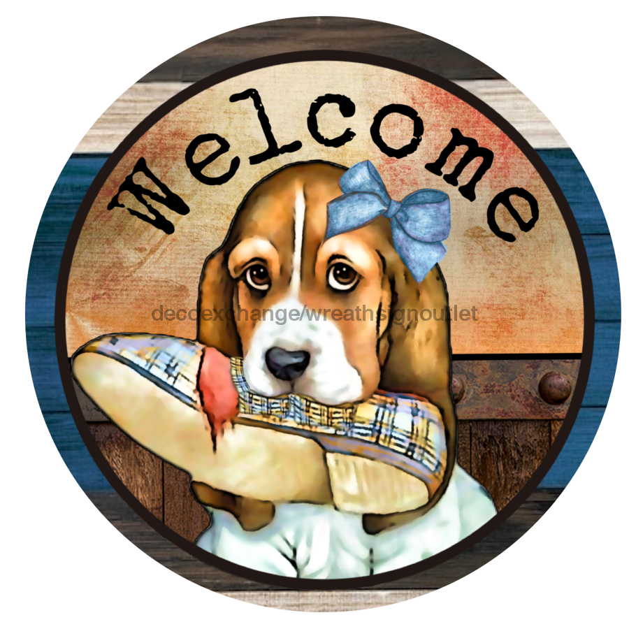 Vinyl Decal, Welcome Sign, Beagle Sign, 10" Round Metal Sign VINYL-DECOE-288, Sign For Wreath, DecoExchange - DecoExchange