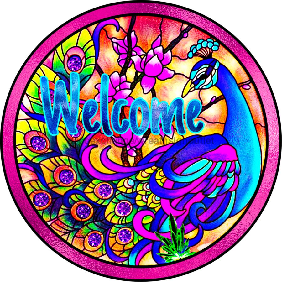 Wreath Sign, Welcome Sign, Peacock Sign, 10" Round Metal Sign DECOE-396, Sign For Wreath, DecoExchange - DecoExchange