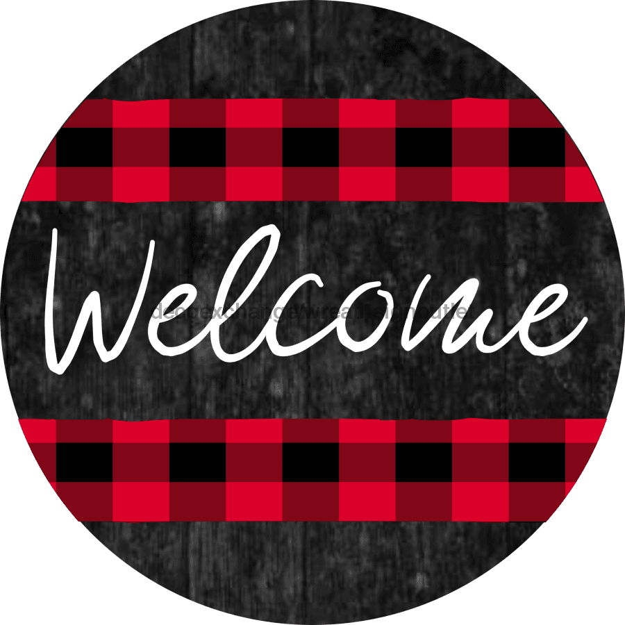 Wreath Sign, Welcome Sign, Red and Black Sign, 10" Round Metal Sign DECOE-848, Sign For Wreath, DecoExchange - DecoExchange