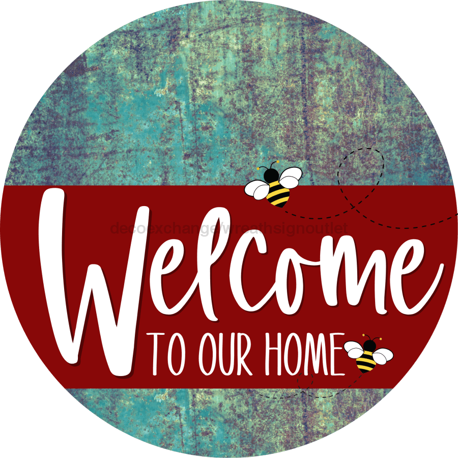 Welcome To Our Home Sign Bee Dark Red Stripe Petina Look Decoe-3011-Dh 18 Wood Round