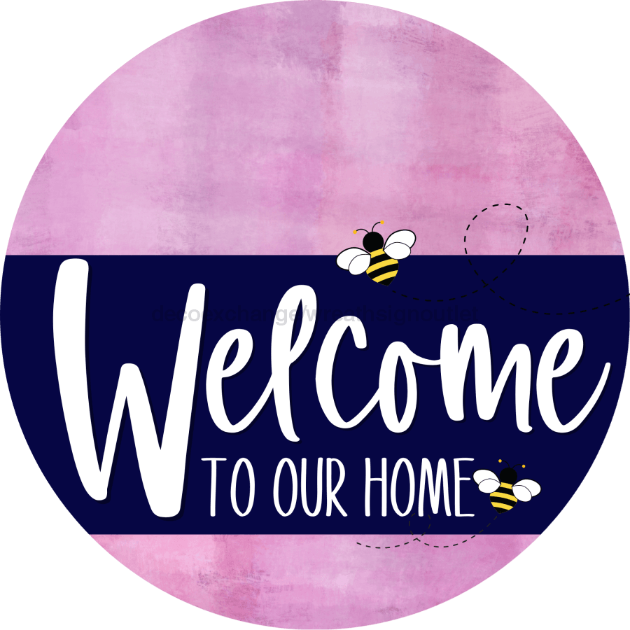 Welcome To Our Home Sign Bee Navy Stripe Pink Stain Decoe-2952-Dh 18 Wood Round