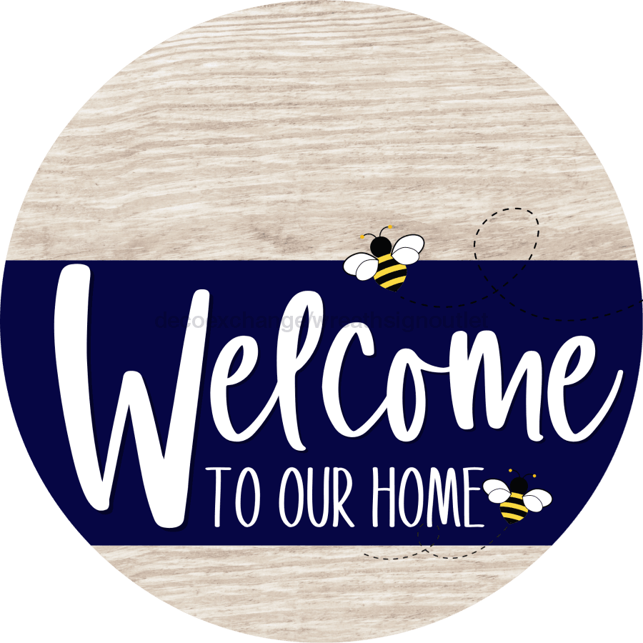 Welcome To Our Home Sign Bee Navy Stripe White Wash Decoe-2953-Dh 18 Wood Round