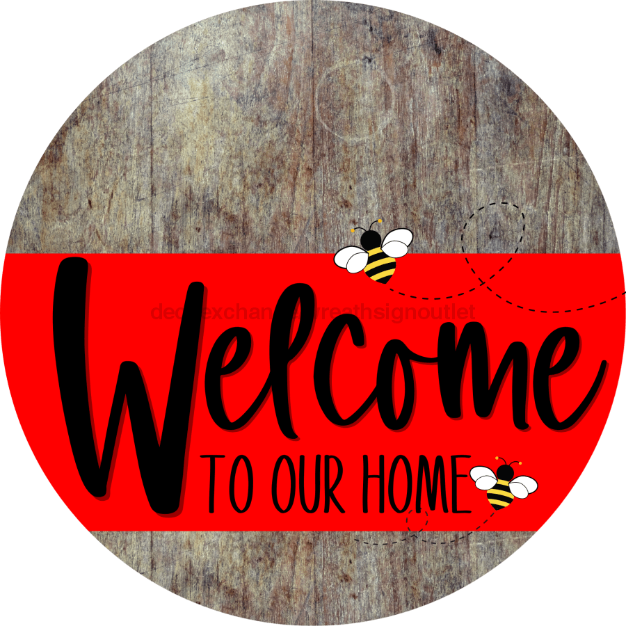 Welcome To Our Home Sign Bee Red Stripe Wood Grain Decoe-2980-Dh 18 Round