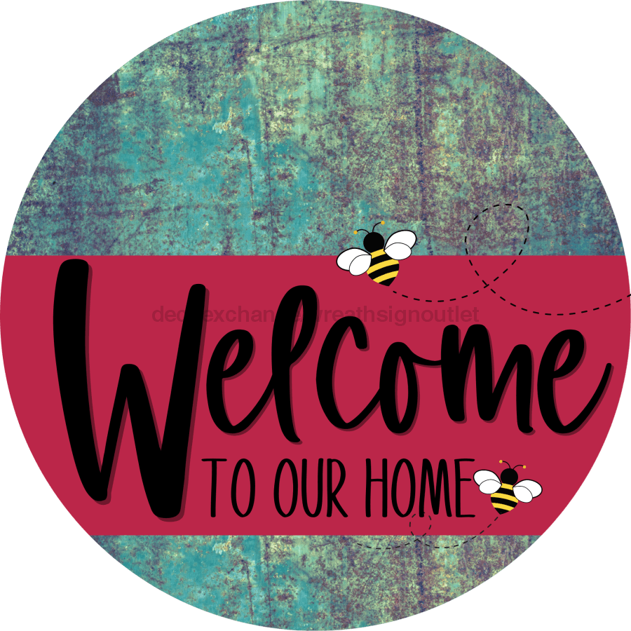 Welcome To Our Home Sign Bee Viva Magenta Stripe Petina Look Decoe-3061-Dh 18 Wood Round