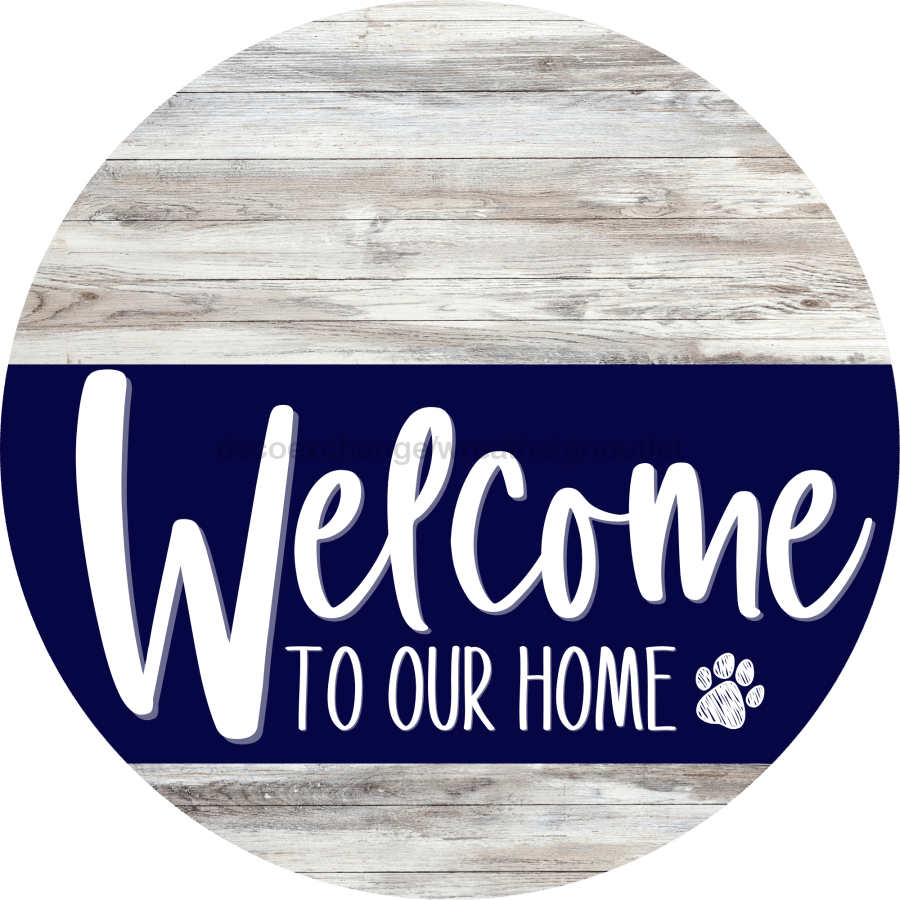 Welcome To Our Home Sign Dog Navy Stripe White Wash Decoe-3715-Dh 18 Wood Round