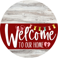 Thumbnail for Welcome To Our Home Sign Easter Dark Red Stripe White Wash Decoe-3471-Dh 18 Wood Round