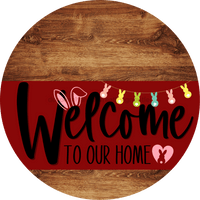 Thumbnail for Welcome To Our Home Sign Easter Dark Red Stripe Wood Grain Decoe-3454-Dh 18 Round