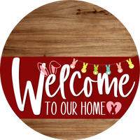 Thumbnail for Welcome To Our Home Sign Easter Dark Red Stripe Wood Grain Decoe-3463-Dh 18 Round