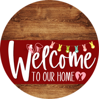 Thumbnail for Welcome To Our Home Sign Easter Dark Red Stripe Wood Grain Decoe-3464-Dh 18 Round