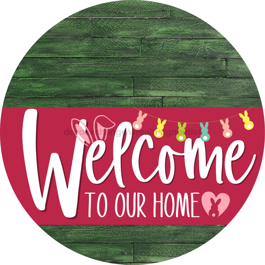 Welcome To Our Home Sign Easter Viva Magenta Stripe Green Stain Decoe-3532-Dh 18 Wood Round