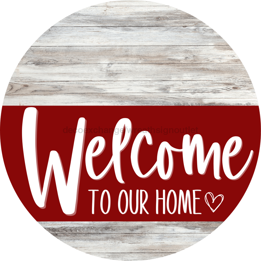 Welcome To Our Home Sign Heart Dark Red Stripe White Wash Decoe-2841-Dh 18 Wood Round