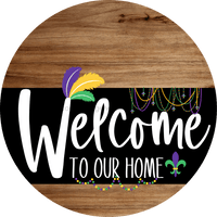 Thumbnail for Welcome To Our Home Sign Mardi Gras Black Stripe Wood Grain Decoe-3687-Dh 18 Round