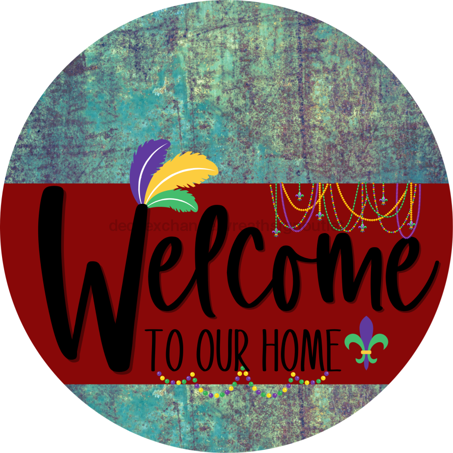 Welcome To Our Home Sign Mardi Gras Dark Red Stripe Petina Look Decoe-3610-Dh 18 Wood Round