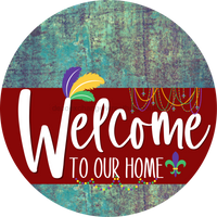 Thumbnail for Welcome To Our Home Sign Mardi Gras Dark Red Stripe Petina Look Decoe-3620-Dh 18 Wood Round
