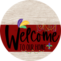Thumbnail for Welcome To Our Home Sign Mardi Gras Dark Red Stripe White Wash Decoe-3612-Dh 18 Wood Round