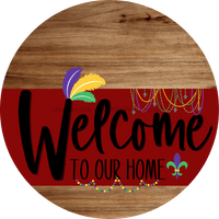 Thumbnail for Welcome To Our Home Sign Mardi Gras Dark Red Stripe Wood Grain Decoe-3605-Dh 18 Round