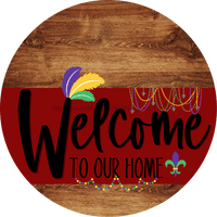 Thumbnail for Welcome To Our Home Sign Mardi Gras Dark Red Stripe Wood Grain Decoe-3606-Dh 18 Round