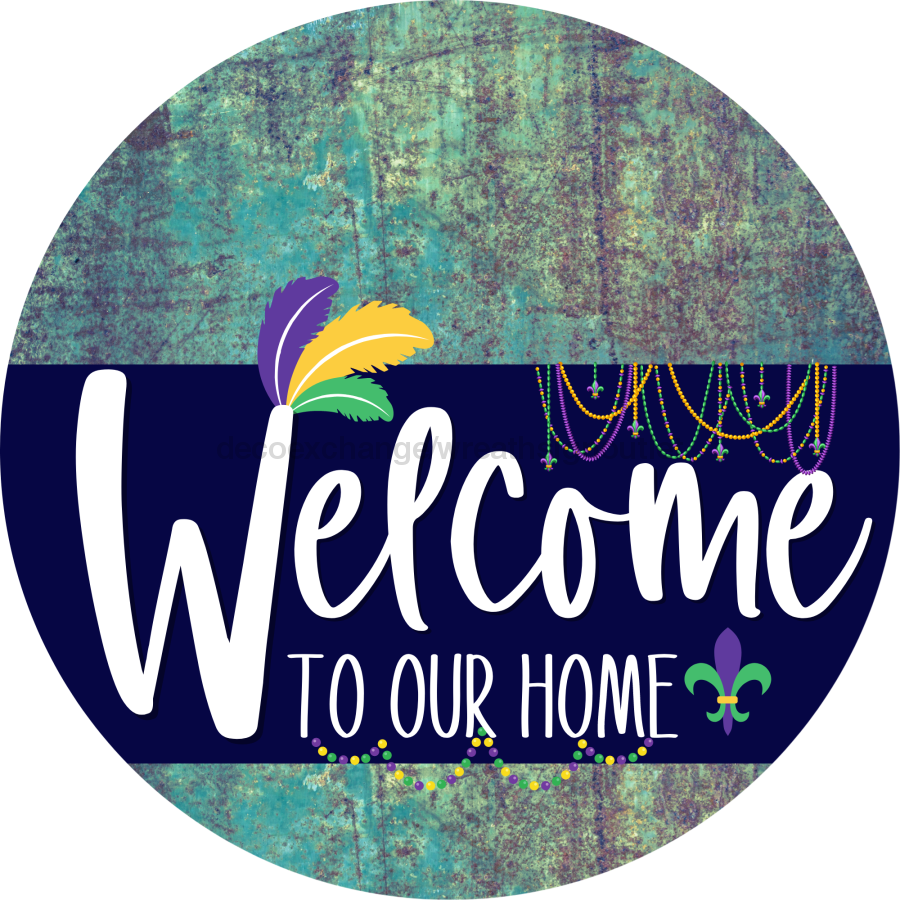 Welcome To Our Home Sign Mardi Gras Navy Stripe Petina Look Decoe-3560-Dh 18 Wood Round