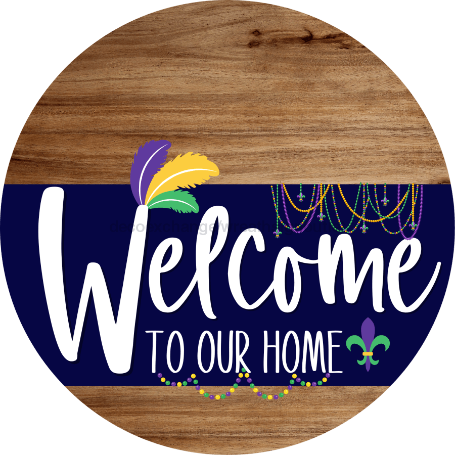 Welcome To Our Home Sign Mardi Gras Navy Stripe Wood Grain Decoe-3555-Dh 18 Round
