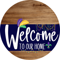 Thumbnail for Welcome To Our Home Sign Mardi Gras Navy Stripe Wood Grain Decoe-3555-Dh 18 Round
