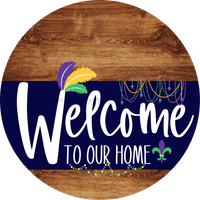 Thumbnail for Welcome To Our Home Sign Mardi Gras Navy Stripe Wood Grain Decoe-3556-Dh 18 Round