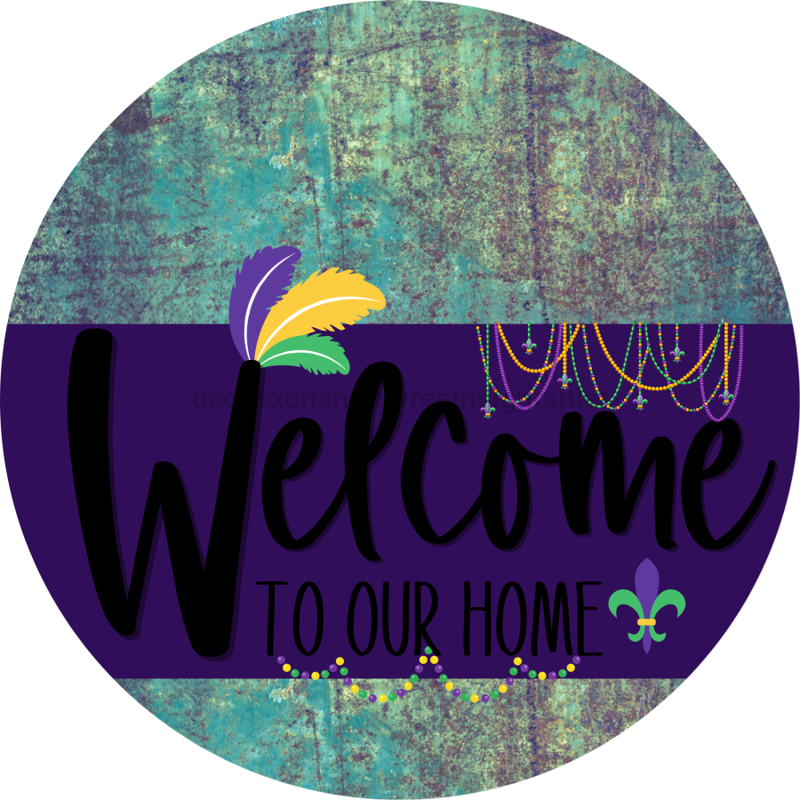 Welcome To Our Home Sign Mardi Gras Purple Stripe Petina Look Decoe-3650-Dh 18 Wood Round