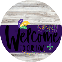 Thumbnail for Welcome To Our Home Sign Mardi Gras Purple Stripe White Wash Decoe-3653-Dh 18 Wood Round