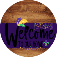 Thumbnail for Welcome To Our Home Sign Mardi Gras Purple Stripe Wood Grain Decoe-3646-Dh 18 Round
