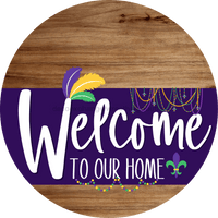 Thumbnail for Welcome To Our Home Sign Mardi Gras Purple Stripe Wood Grain Decoe-3655-Dh 18 Round