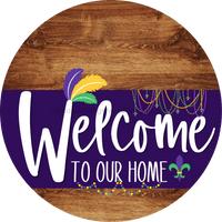 Thumbnail for Welcome To Our Home Sign Mardi Gras Purple Stripe Wood Grain Decoe-3656-Dh 18 Round