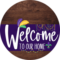 Thumbnail for Welcome To Our Home Sign Mardi Gras Purple Stripe Wood Grain Decoe-3657-Dh 18 Round