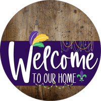 Thumbnail for Welcome To Our Home Sign Mardi Gras Purple Stripe Wood Grain Decoe-3658-Dh 18 Round