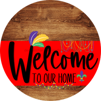 Thumbnail for Welcome To Our Home Sign Mardi Gras Red Stripe Wood Grain Decoe-3586-Dh 18 Round